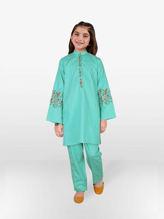 Sea Green Velvour Girls Printed Co-ord Set-VG91-A