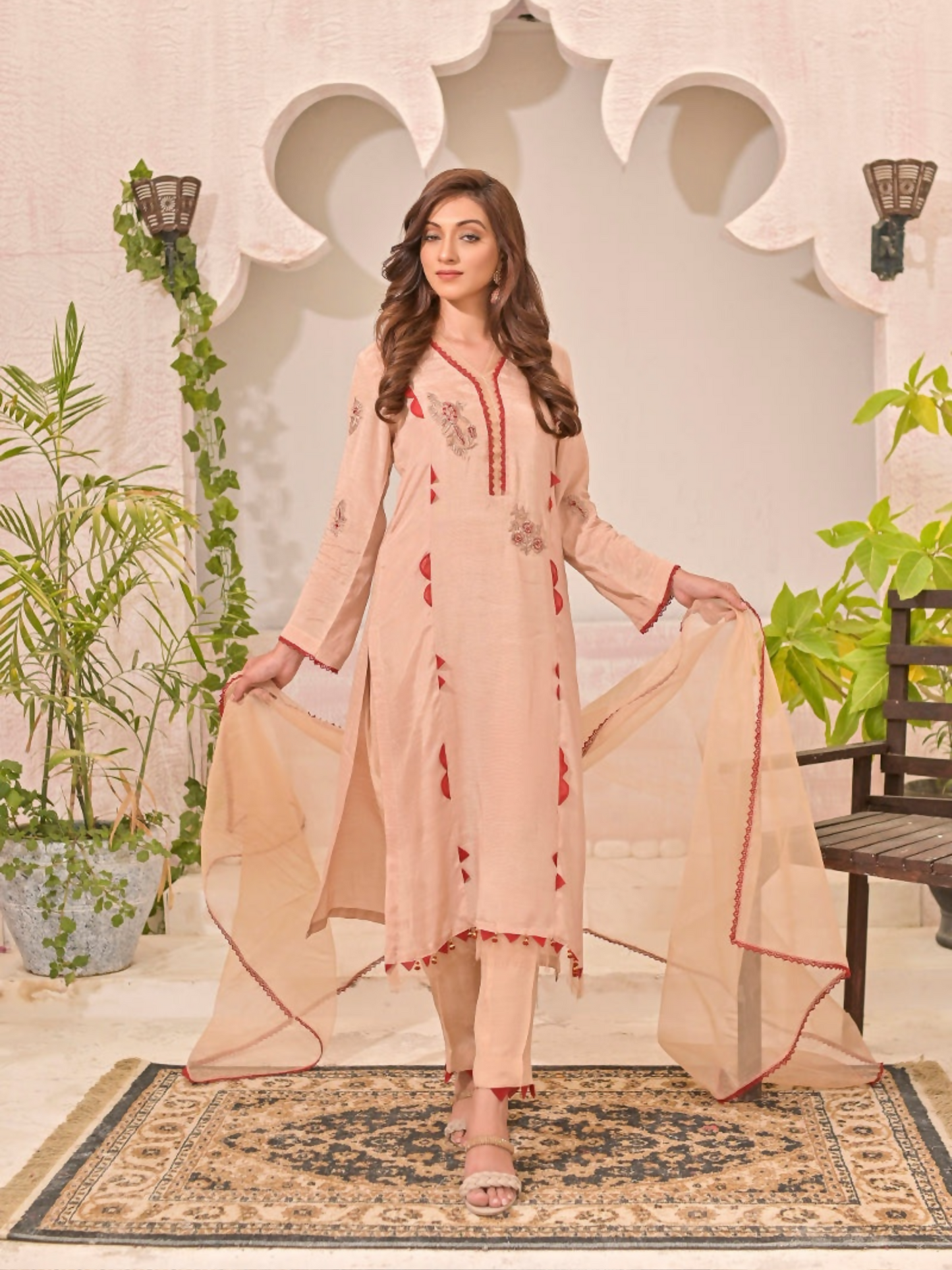 Ruby's Couture Panache Raw Silk Embroidered Stitched 3-Piece Suit-Marigold