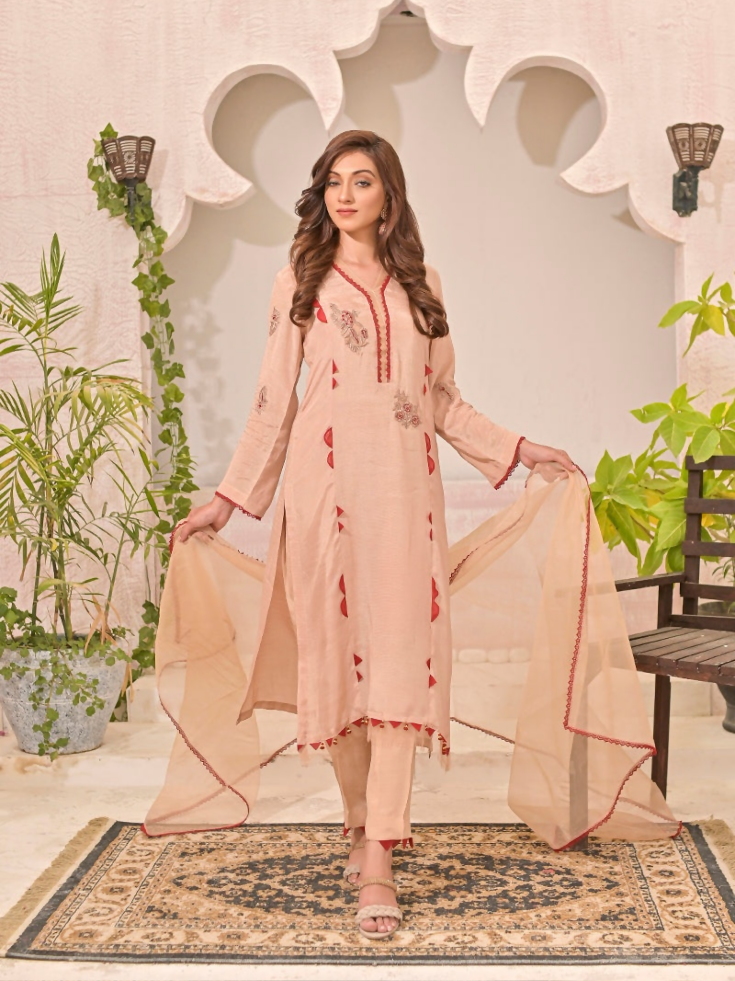 Ruby's Couture Panache Raw Silk Embroidered Stitched 3-Piece Suit-Marigold