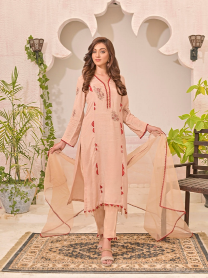 Ruby's Couture Panache Raw Silk Embroidered Stitched 3-Piece Suit-Marigold