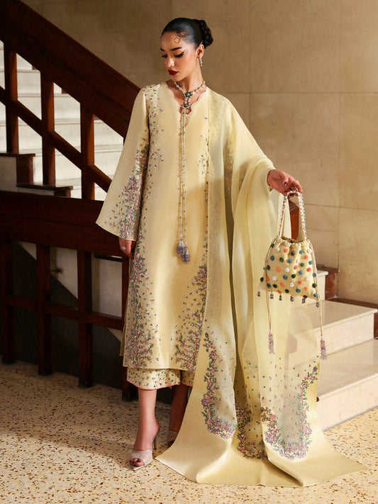 Hussain Rehar stitched 3-piece suit featuring raw silk and organza embroidered shirt with sequins and cutdana, organza embroidered dupatta with satin trims, and raw silk culottes with pink accents.