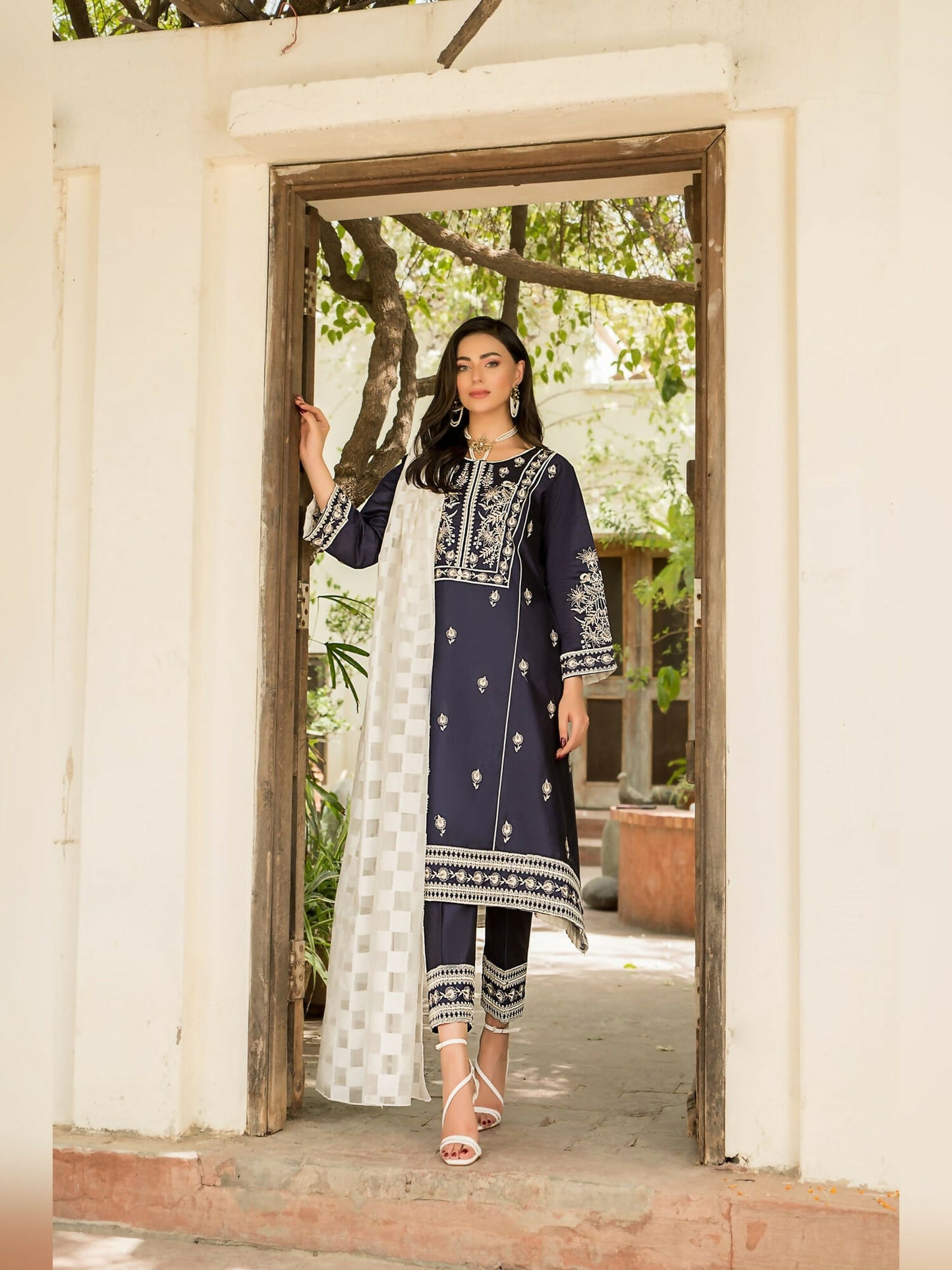 Panache Apparel Chambray Katan Embroidered Stitched 2-Piece Suit-Aroosh