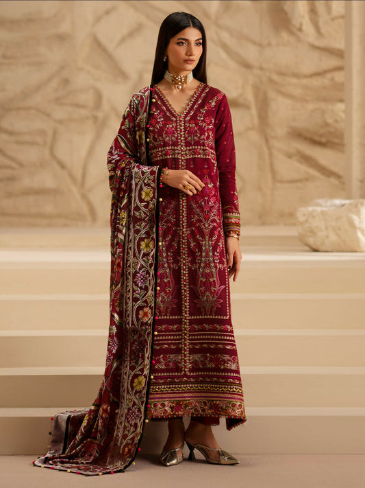 A stylish unstitched 3-piece suit by Bin Ilyas 165-A, combining a dyed Kotrai embroidered shirt, a plain Kotrai trouser, and a Palachi shawl