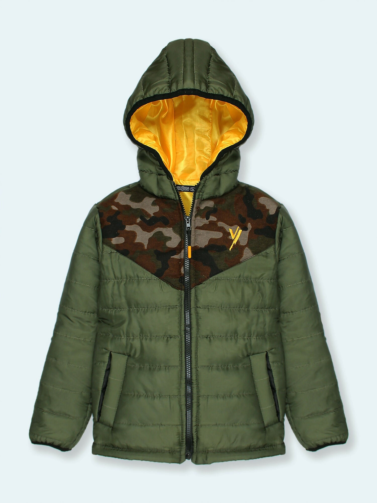 Olive Green Velvour Printed Puffer Jacket-VJ18
