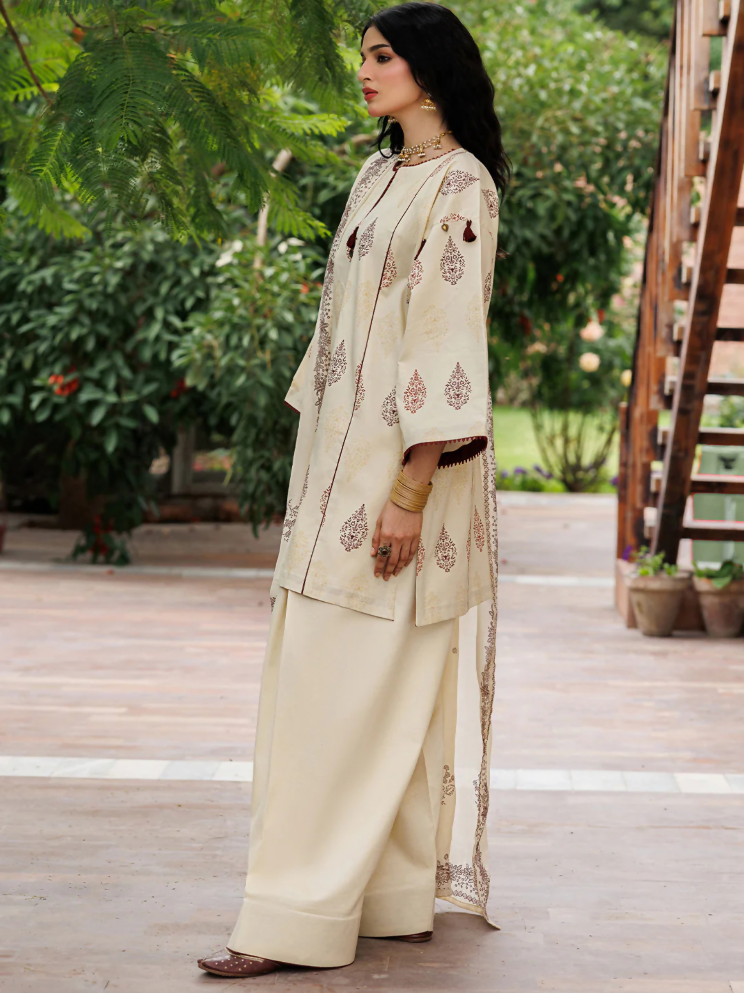 Cream Panache Apparel Noor Mahal Cotton Printed Stitched Suit-Razeen