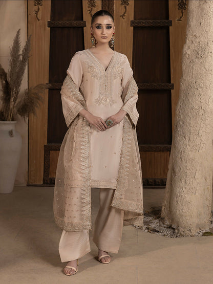 Hemstitch Raw Silk Embroidered Stitched 3-Piece Suit-Janan