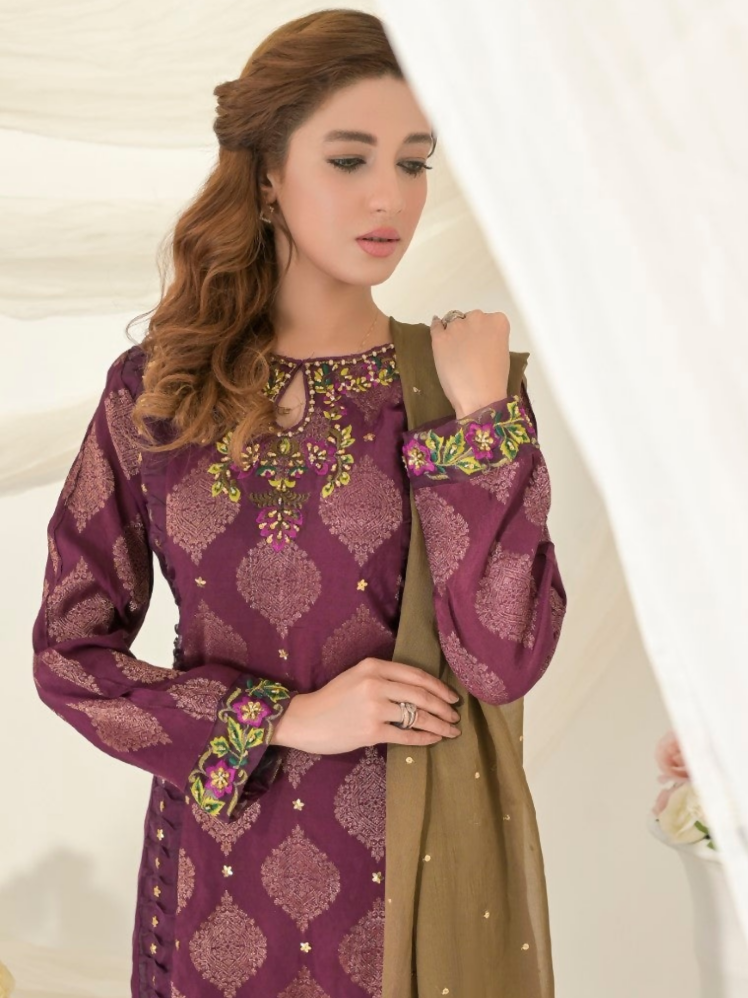 Ruby's Couture Gul-Bahar Khadi Embroidered Stitched 3-Piece Suit-Pariza