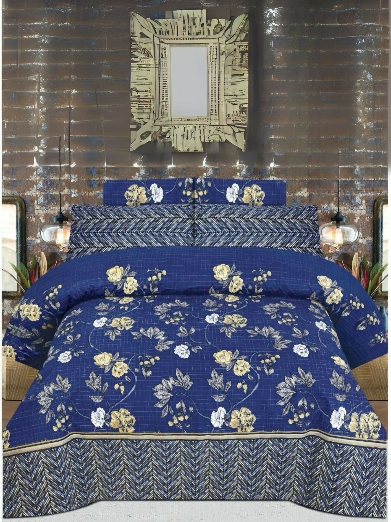 Blue comforter set with yellow floral print, includes king size comforter, bedsheet, and four pillow covers.