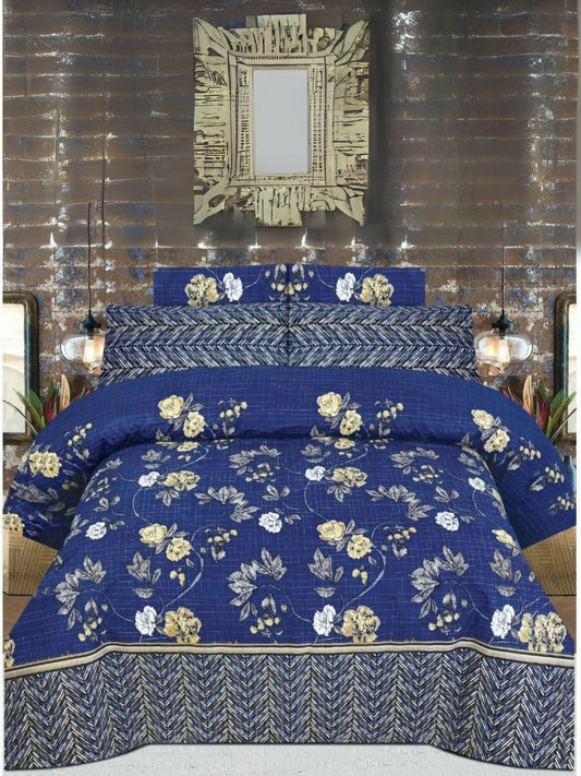 Blue comforter set with yellow floral print, includes king size comforter, bedsheet, and four pillow covers.