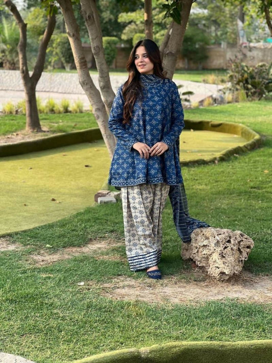 Stitched 3-piece suit with digital printed shirt, chiffon dupatta, and Farshi shalwar from Tehzeeb Libas Premium Collection.