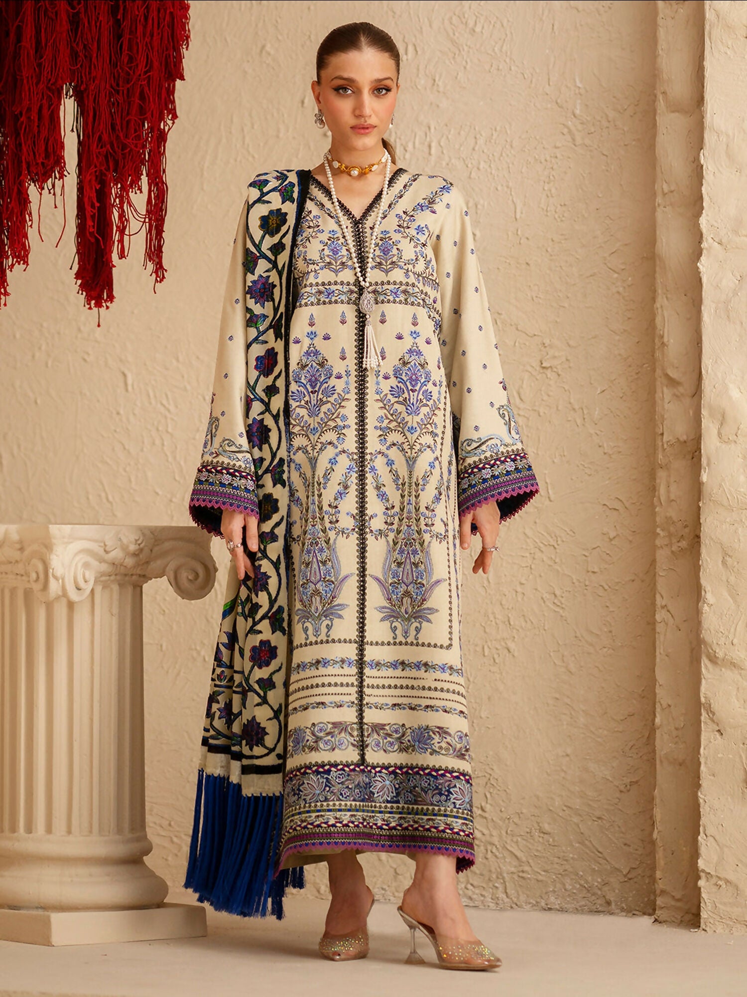 A stylish unstitched 3-piece suit by Bin Ilyas 165-B, combining a dyed Kotrai embroidered shirt, a plain Kotrai trouser, and a Palachi shawl.