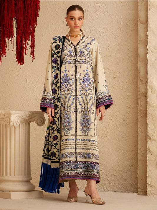 A stylish unstitched 3-piece suit by Bin Ilyas 165-B, combining a dyed Kotrai embroidered shirt, a plain Kotrai trouser, and a Palachi shawl.