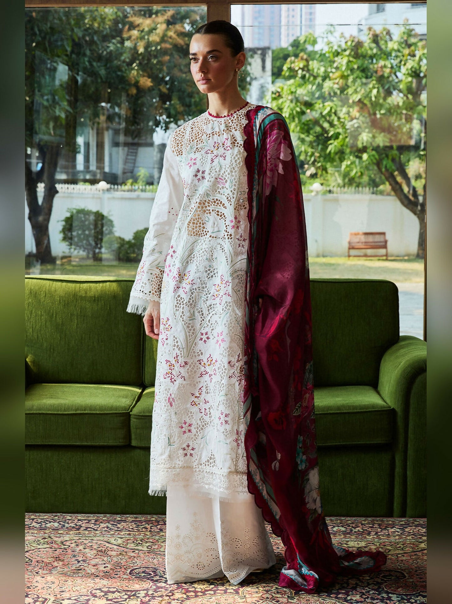 White color of Zara Shahjahan Luxury Lawn Embroidered Unstitched 3-Piece Suit-Umi-3A