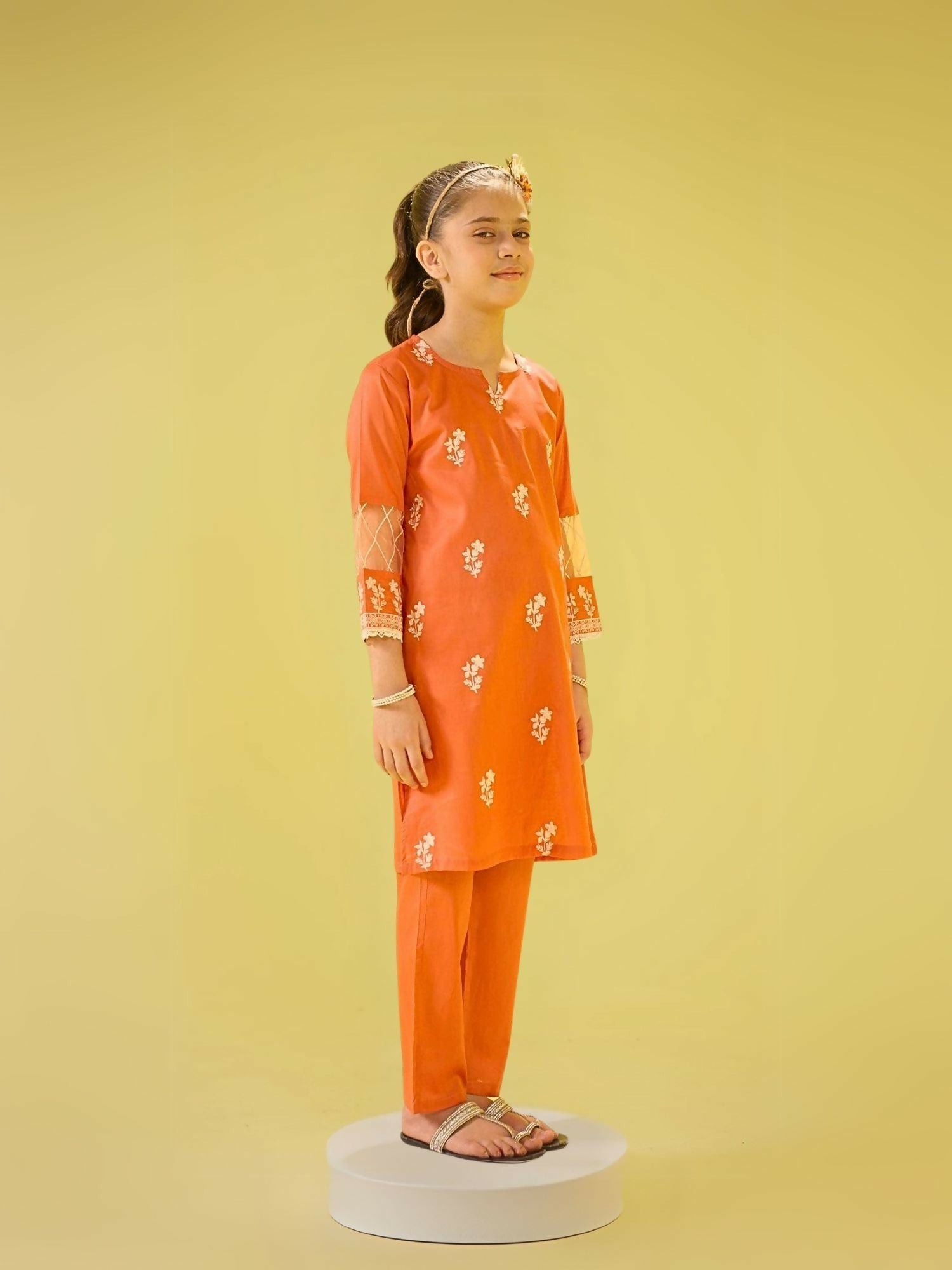 Mustard Orange Velvour Girls Embroidred Co-ord Set-VG145-B