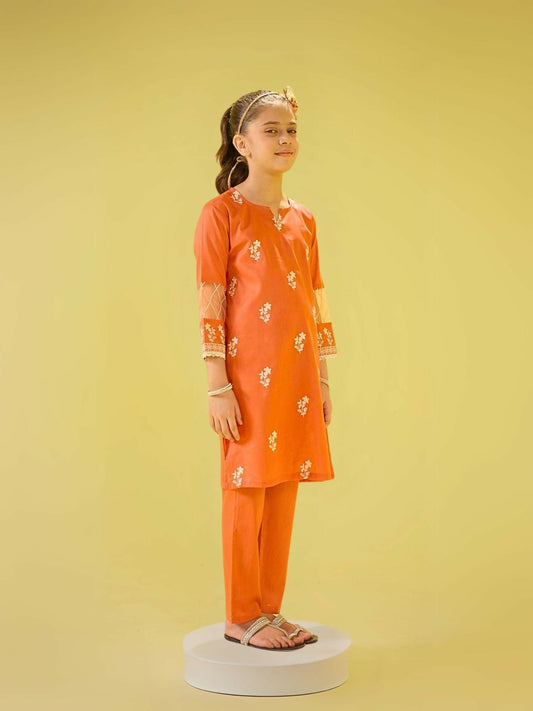 Mustard Orange Velvour Girls Embroidred Co-ord Set-VG145-B