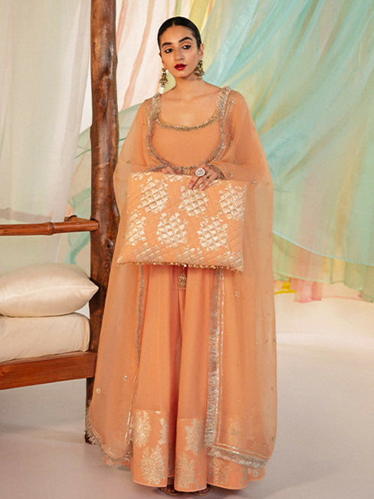 Hussain Rehar – Peach Chanderi Silk Peshwas with Embellished Neckline and Organza Dupatta