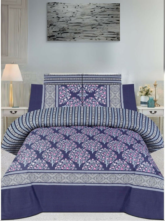 Blue comforter set with pink floral design – 6-piece Danier poly cotton bedding set with bedsheet and pillows.