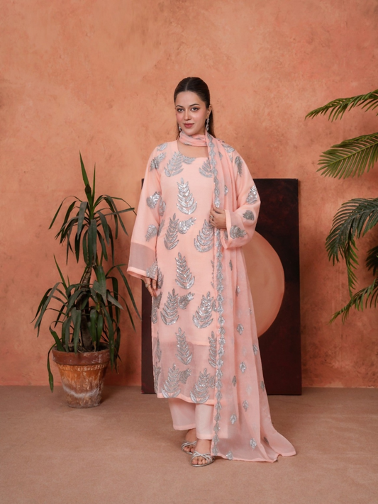Stylish Collection Majeste Crinkle Chiffon Embroidered Stitched 3-Piece Suit-Zirwah Peach