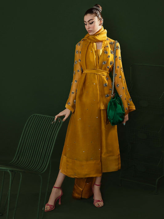 Lime yellow embellished organza wrap outfit with silk culottes and hand-embellished dupatta by Hussain Rehar.