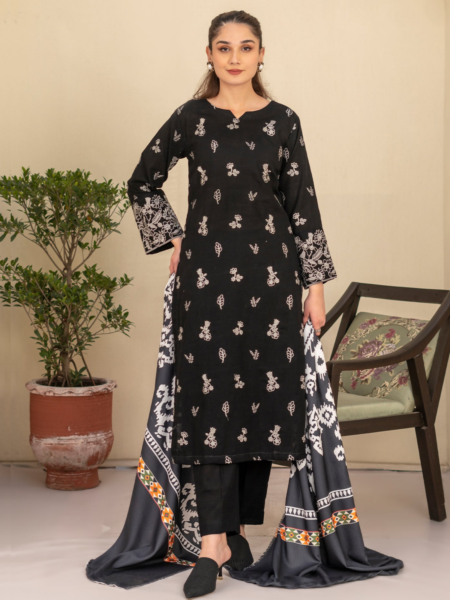 Panache Apparel Winter Basics Khaddar Embroidered Stitched Suit-Cove