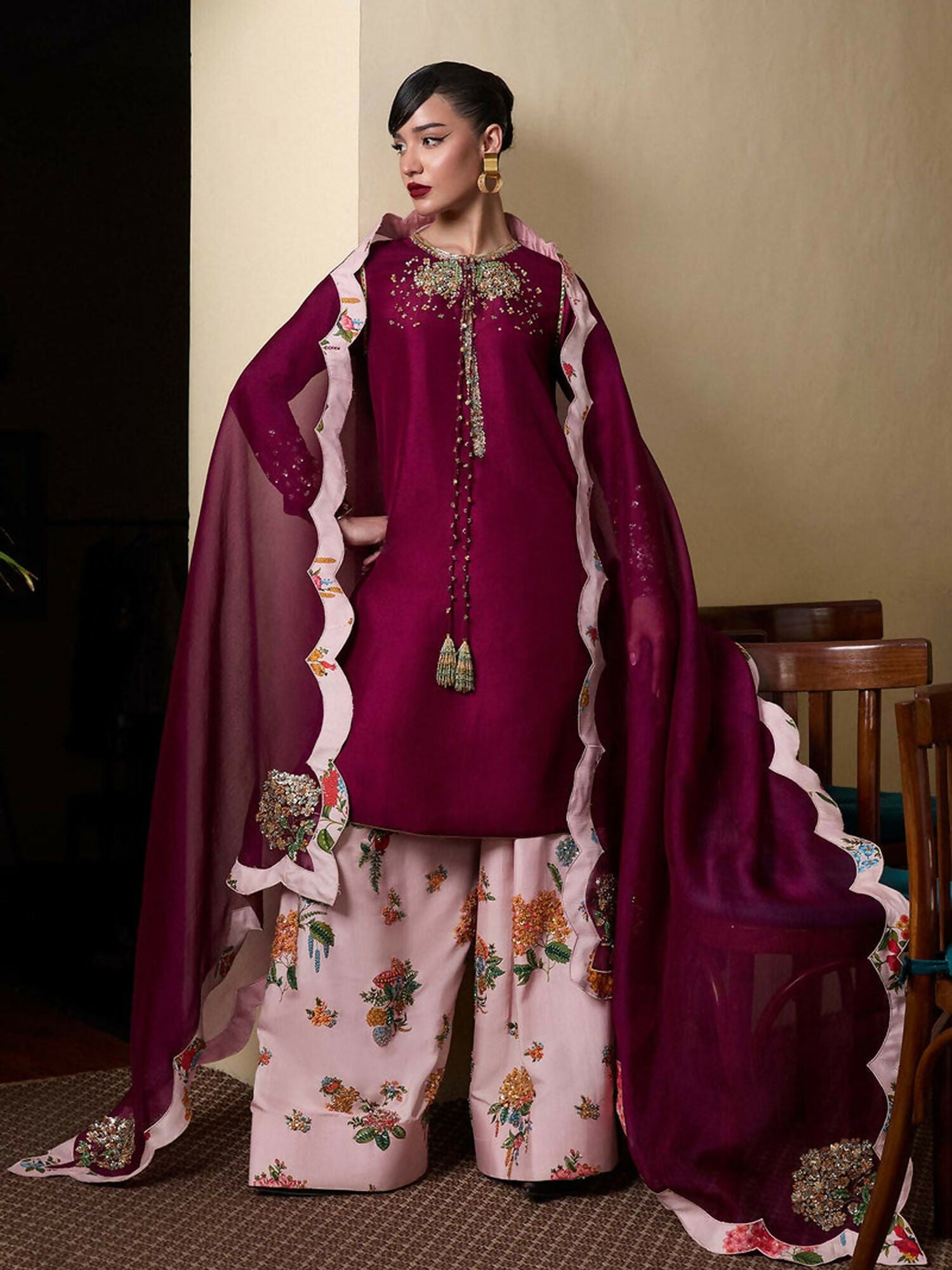 Hussain Rehar purple plum raw silk shirt with hydrangea hand embroidery, pastel pink raw silk printed hand-embellished shalwar, and scalloped printed organza dupatta