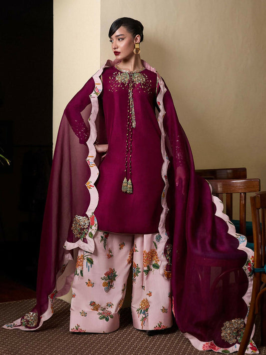 Hussain Rehar purple plum raw silk shirt with hydrangea hand embroidery, pastel pink raw silk printed hand-embellished shalwar, and scalloped printed organza dupatta
