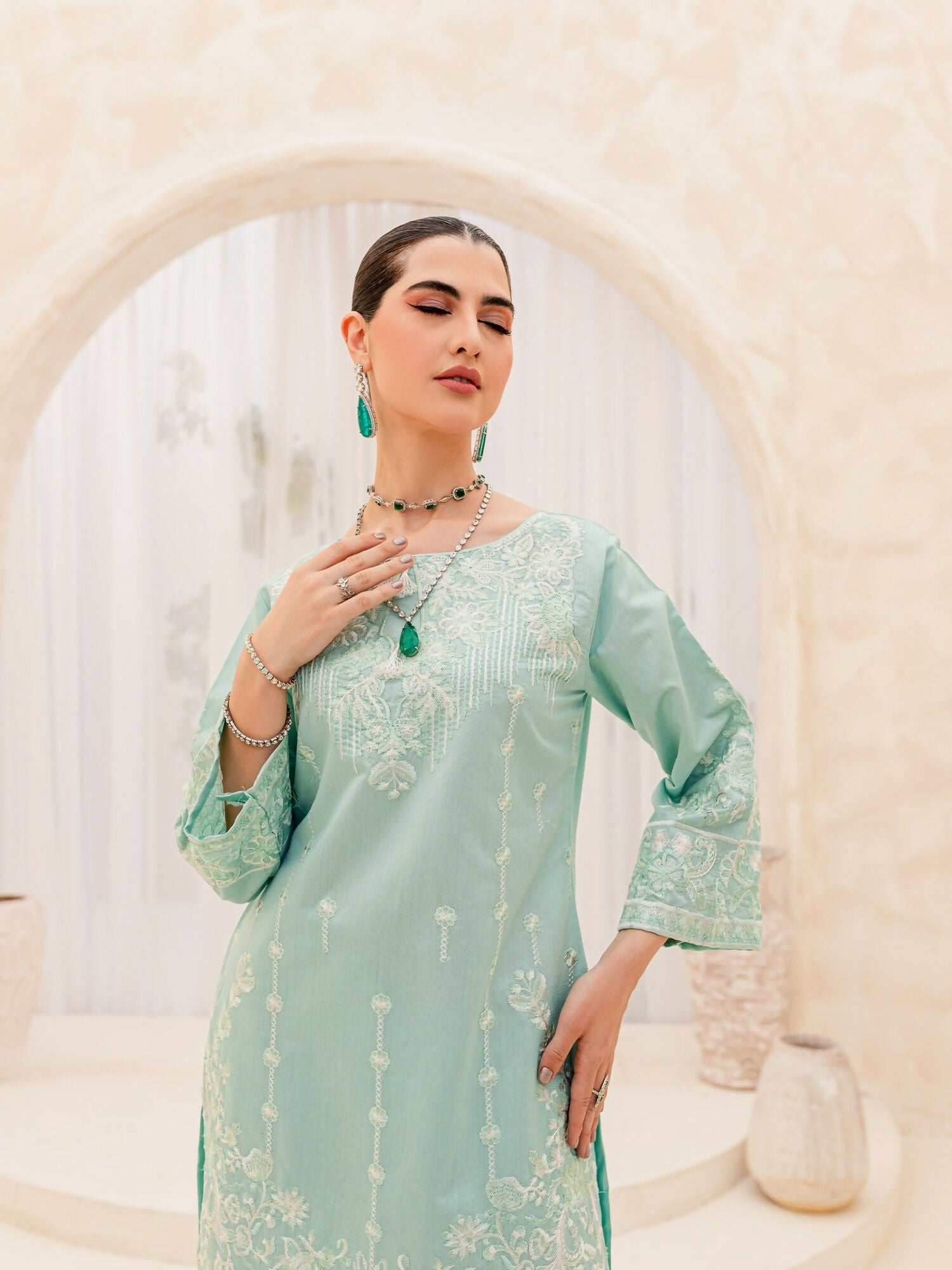 Panache Apparel Chambray Katan Embroidered Stitched Suit-Sky