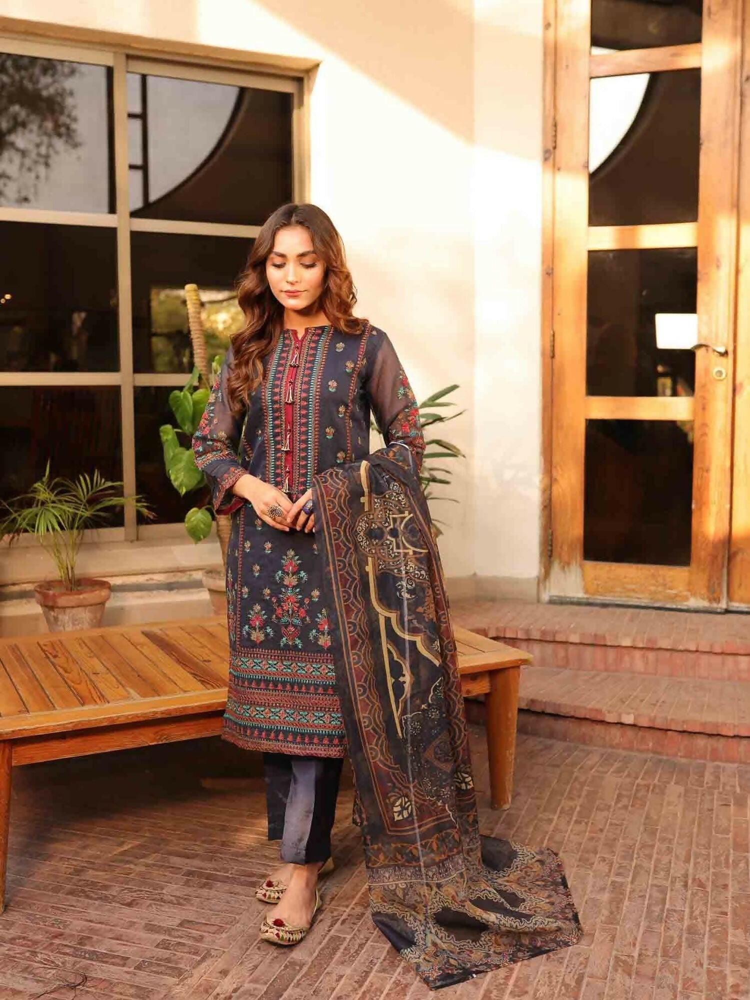 Panache Apparel Cotton Net Embroidered Stitched Suit-Bluebell