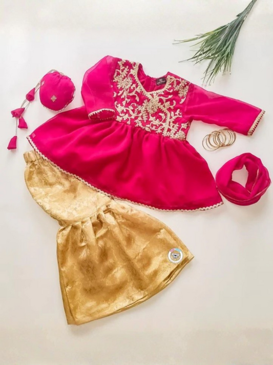 Kidoz Kloset Chiffon Embroidered Gharara-Gulabo