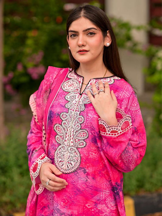 MH Cloth House Cotton Lawn Embroidered Stitched 3-Piece Suit-Gulabi Jhalak