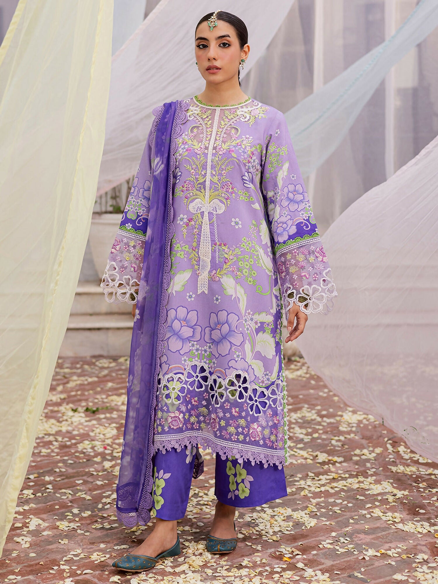 Mahnur Gulzar Viscose Collection – Unstitched 3-Piece Suit with Viscose Printed Shirt, Organza Embroidered Neckline and Border, Printed Chiffon Dupatta, and Printed Trouser
