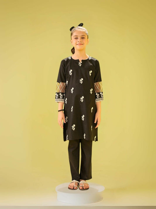Black Velvour Girls Embroidred Co-ord Set-VG145-A