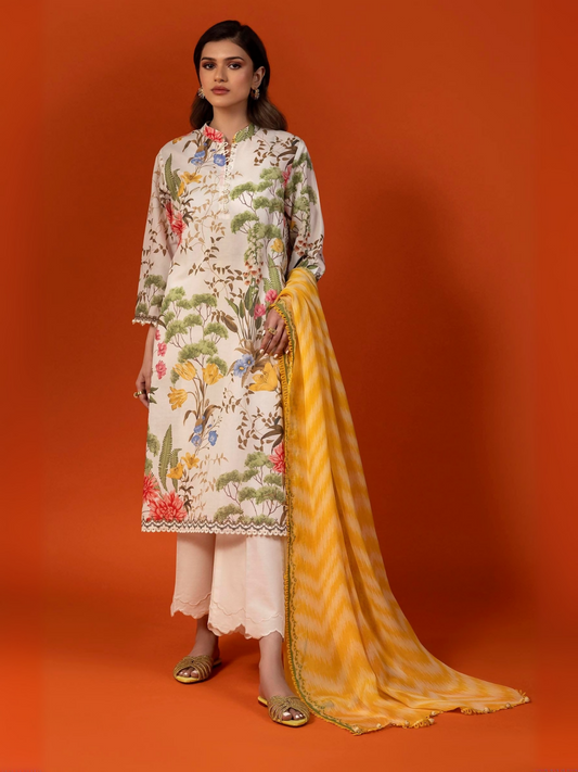 Unstitched 3-piece suit by Sana Safinaz with digitally printed lawn shirt, rotary printed chiffon dupatta, and dyed cambric pants.