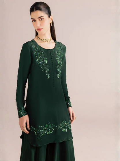 Allure By IH Silver Night Tussel Silk Embroidered Stitched 3-Piece Suit-Forest