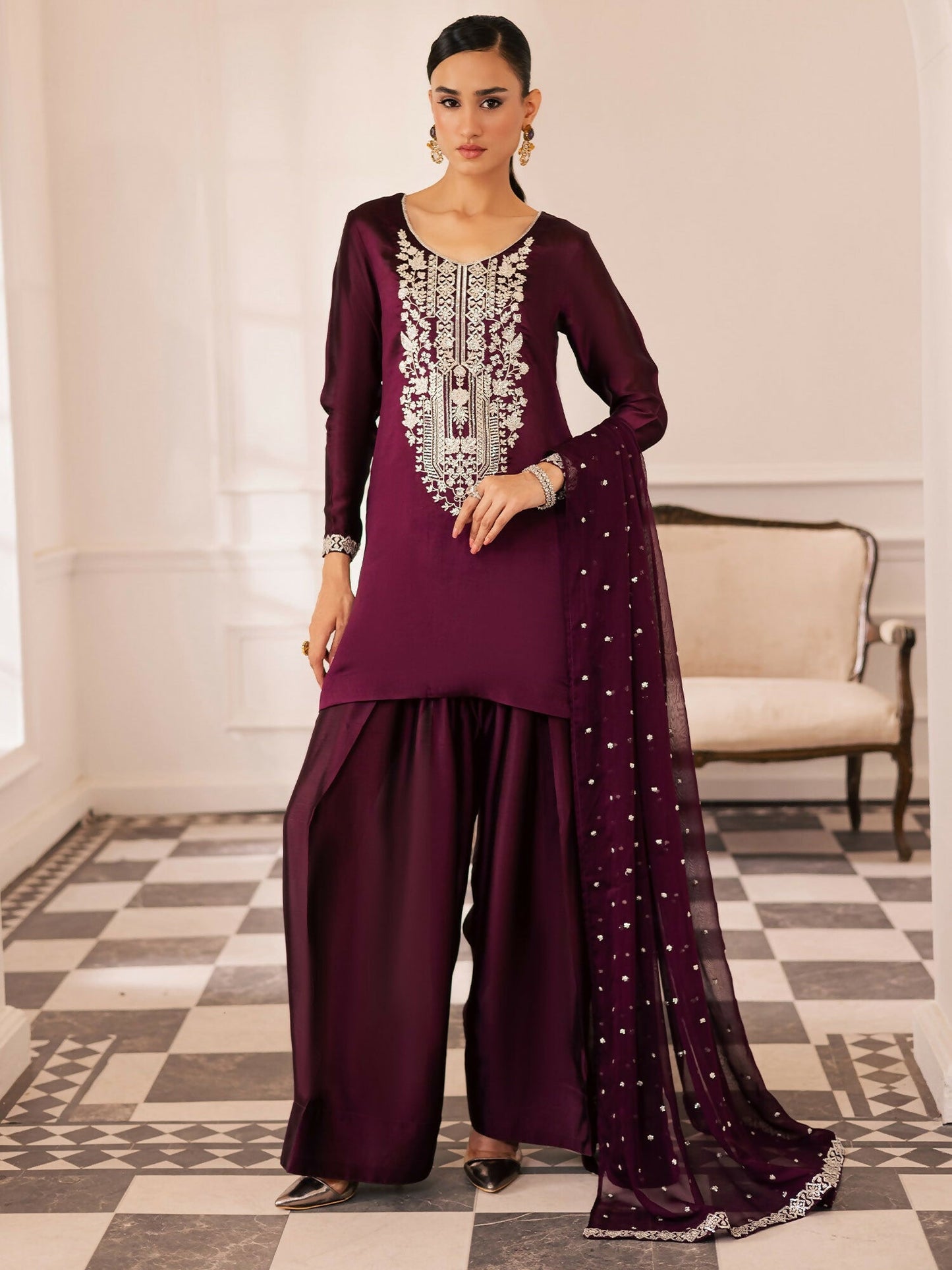 Allure By IH Be-My-Guest Thai Silk Embroidered Stitched 3-Piece Suit-Raisin