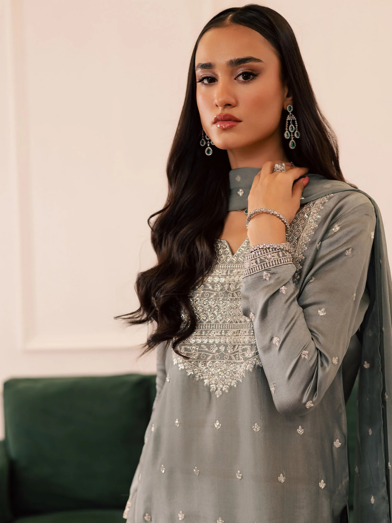 Allure By IH Be-My-Guest Thai silk Embroidered Stitched 3-Piece Suit-Wild Cold