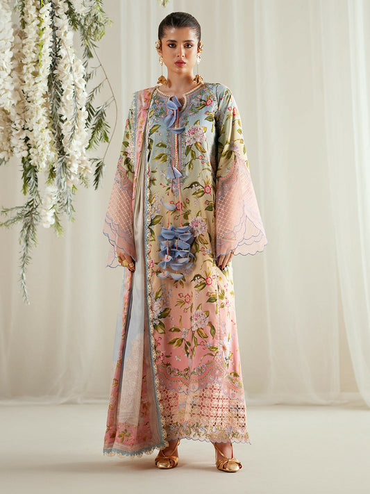 Binilyas Eres Bonita Viscose '25 embroidered unstitched suit with printed shirt, organza details, silk dupatta, and printed trouser.