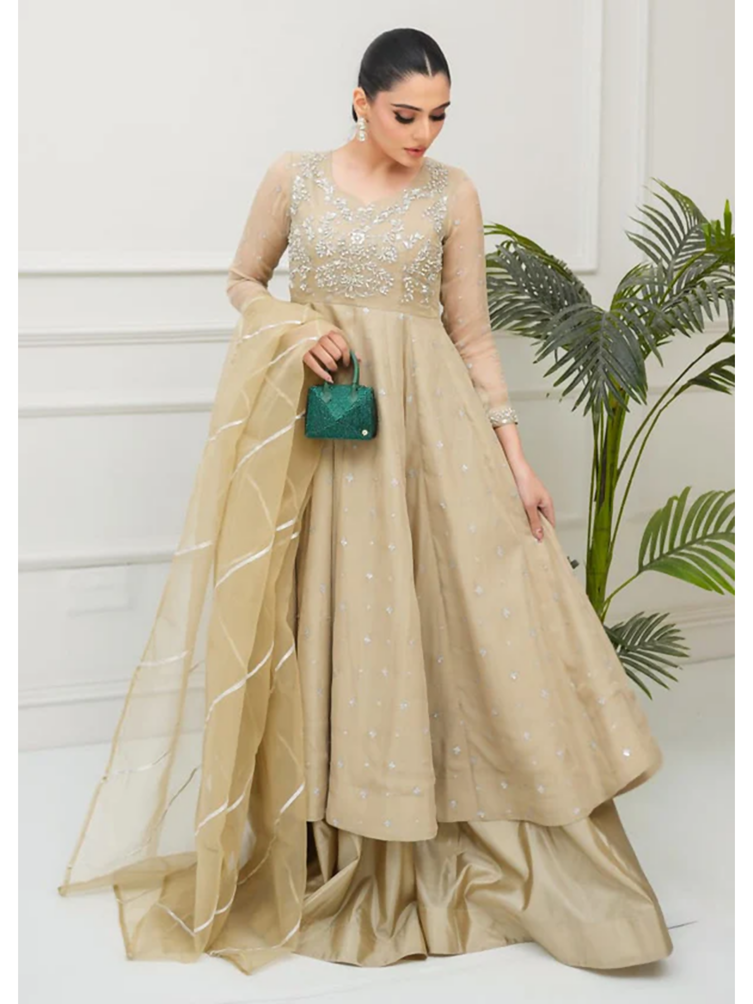 Allure By IH Lehr Chiffon Embroidered Lehenga-Oat