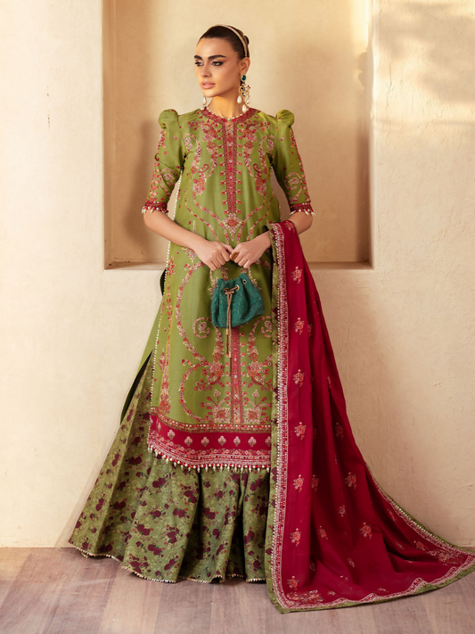 Elegant embroidered lawn suit with multi-panel shirt, fancy cotton mix dupatta, and dyed cotton trouser.