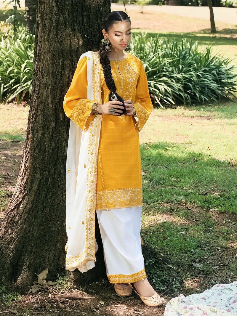 Hemstitch Lawn Embroidered Stitched 3 Piece Suit Saffron Petal