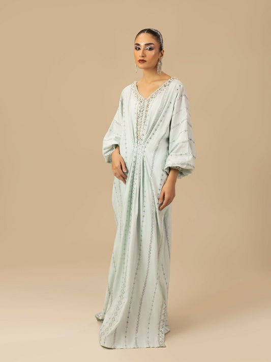 Shurooq Garden Of Dreams Silk Embroidered Kaftan Set-Frost