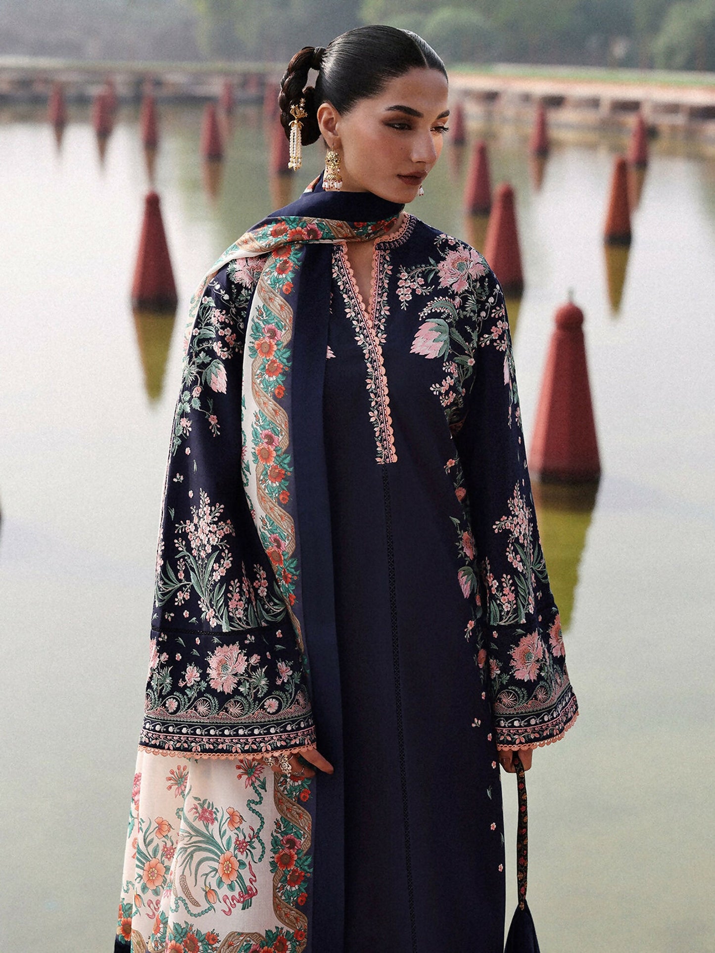 Jugnu By Hussain Rehar Khaddar'25 Embroidered Unstitched 3-Piece Suit-Navi