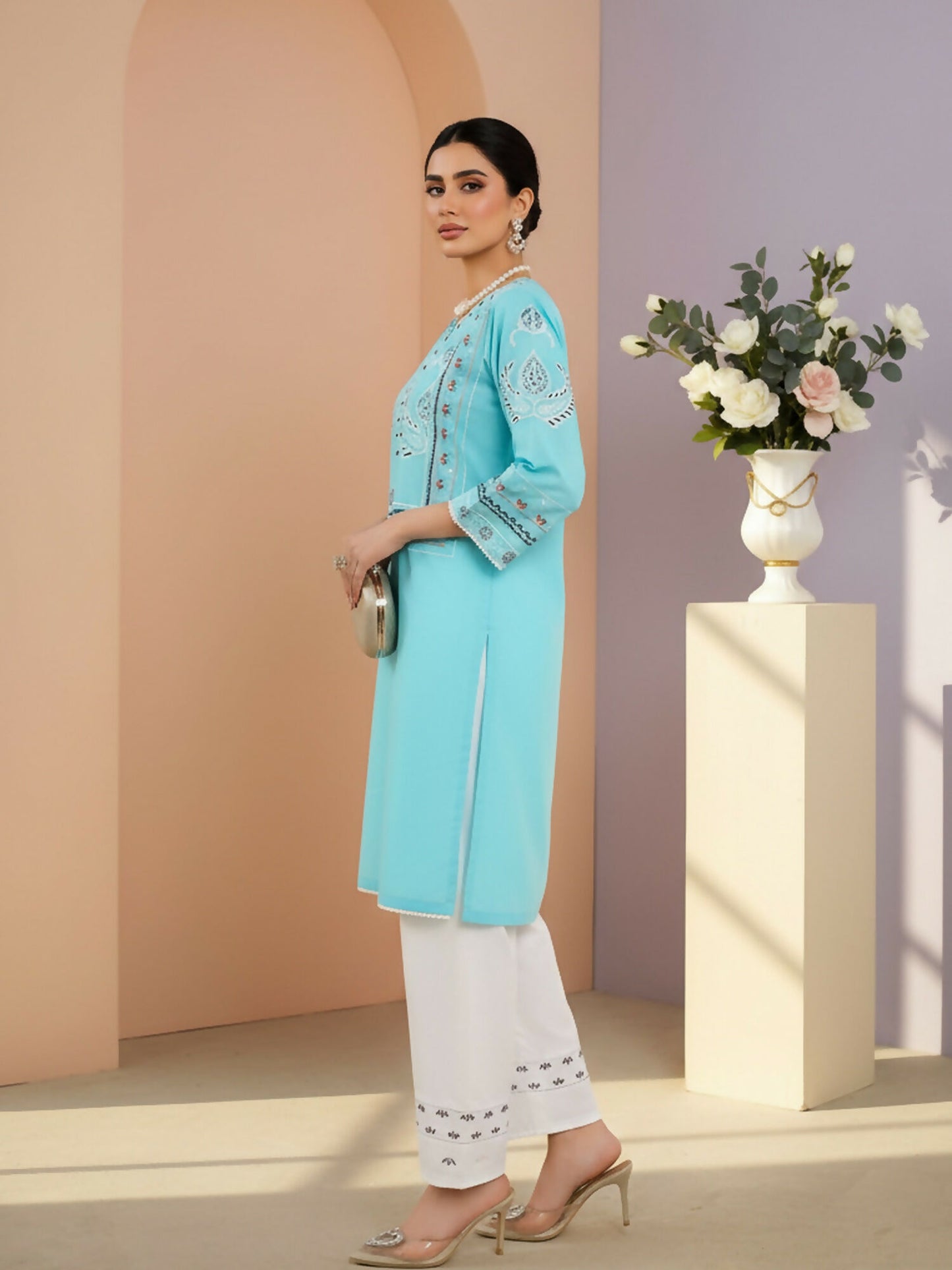 Zeephire Lawn Embroidered Stitched 2-Piece Suit-Sky Marriage