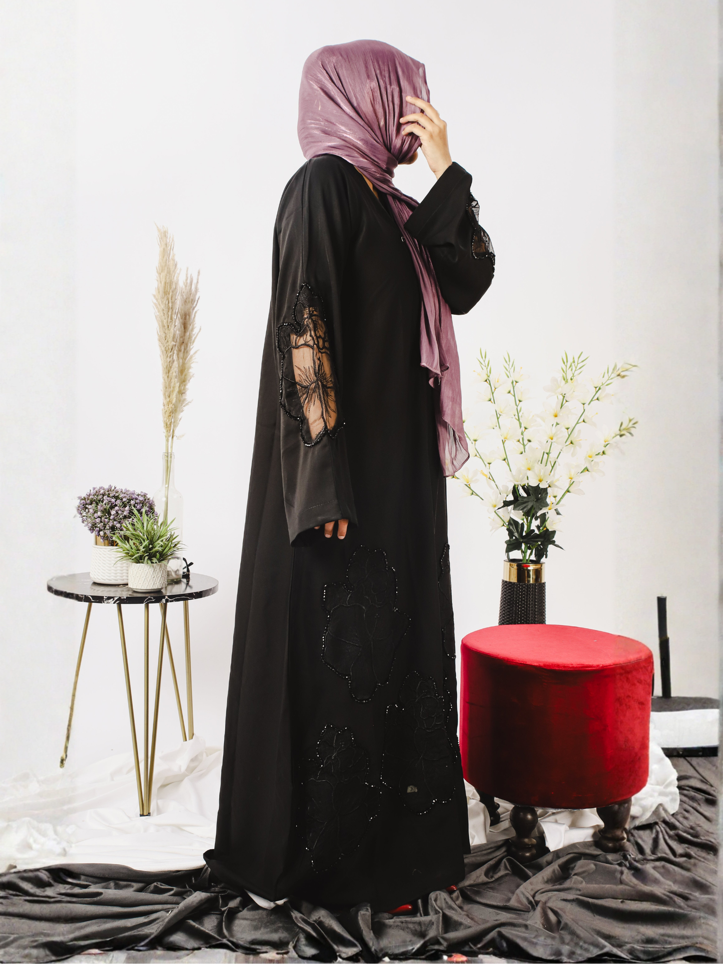 Black-Nourah Nida Embroidered Abaya-Mahal