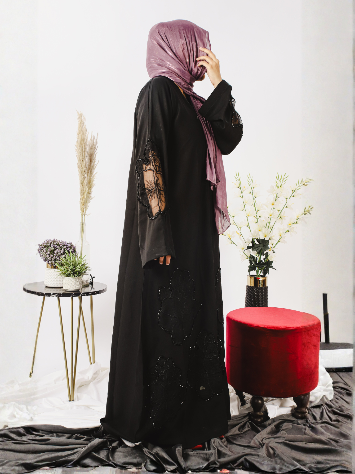 Black-Nourah Nida Embroidered Abaya-Mahal