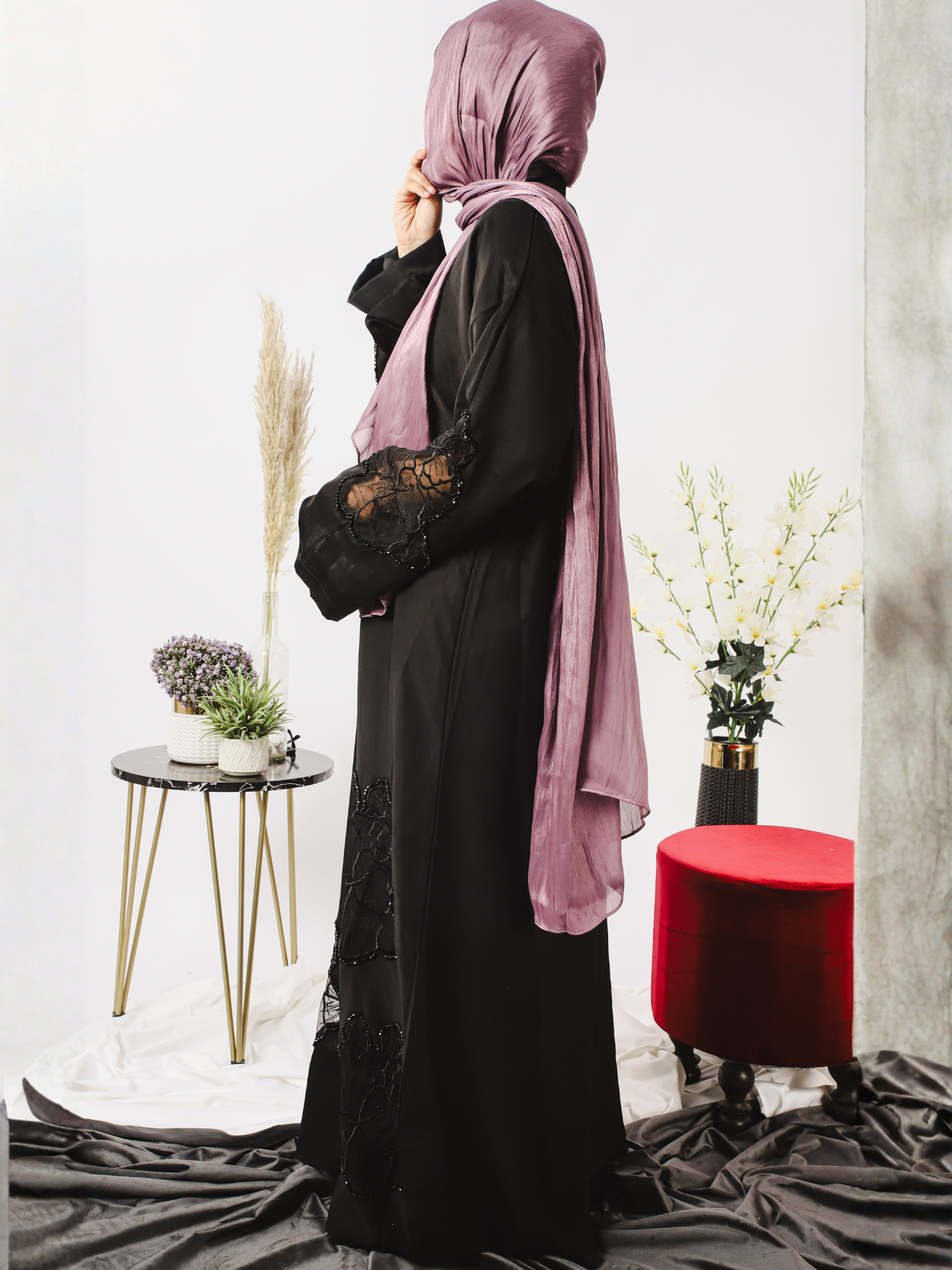 Black-Nourah Nida Embroidered Abaya-Mahal