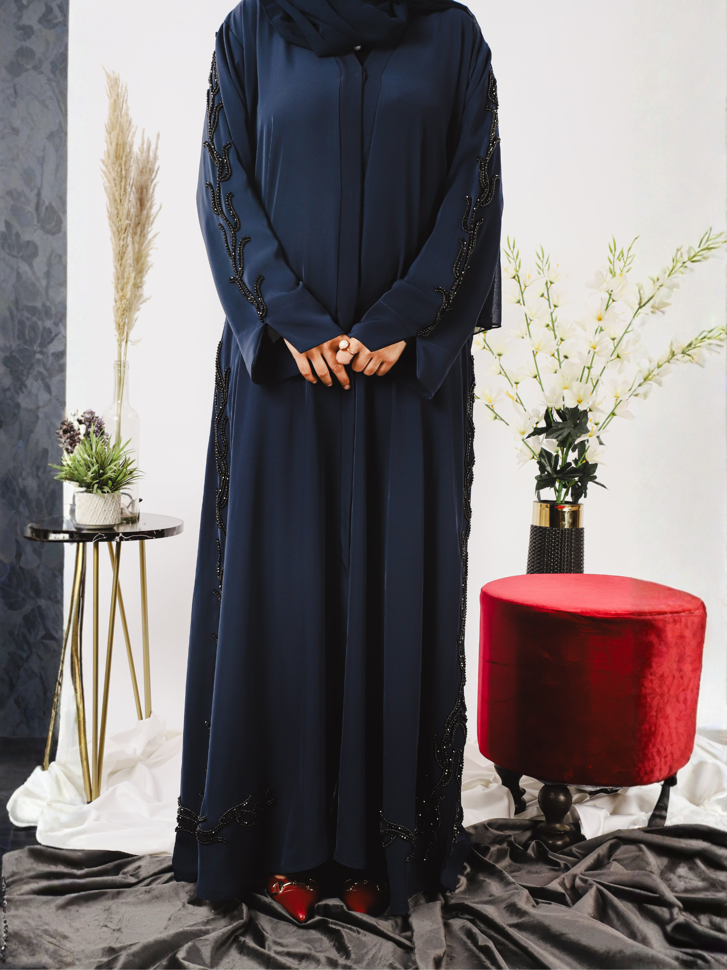 Blue-Nourah Korean Nida Embellished Abaya-Ayla