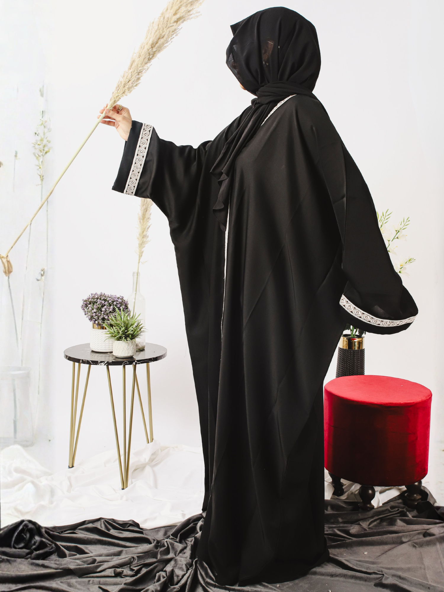 Black-Nourah Nida Embroidered Abaya-Kiran