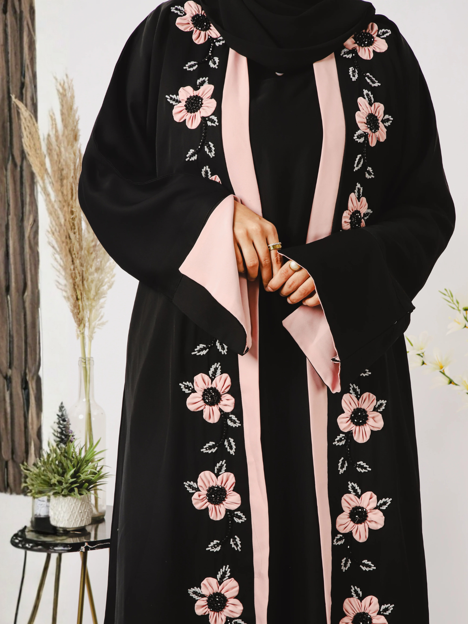 Pink and Black-Nourah Korean Nida Embellished Abaya-Layla