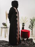 Pink and Black-Nourah Korean Nida Embellished Abaya-Layla